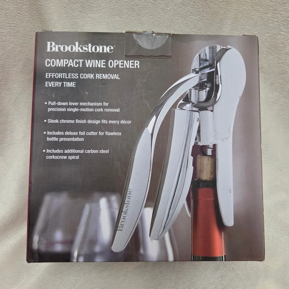 Brookstone Compact Wine Opener Lever Pull Chrome Foil Cutter Extra Spiral NEW